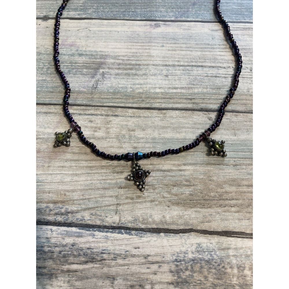 Sterling Silver Star Cross Pendant‎ Necklace Seed Beads 17"